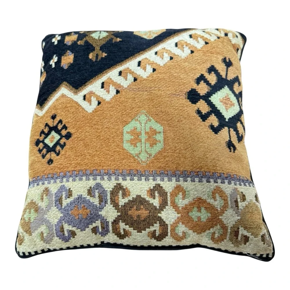 Southwestern Kilim Tapestry Throw Pillow 16x16 Geometric Boho Aztec Brown Black